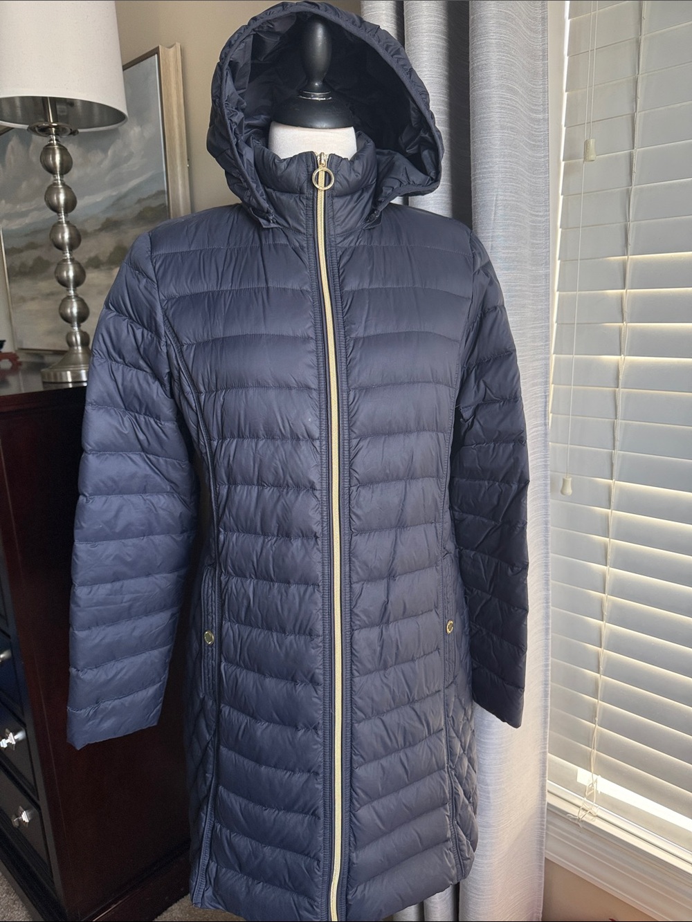 MICHAEL KORS Navy Quilted Hooded Long Puffer Coat